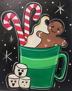 an acrylic painting of two hot chocolates in a mug with candy canes