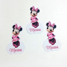 three minnie mouse stickers on top of a white surface with the word mamma