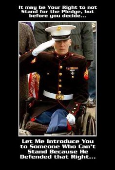 an image of a man in uniform sitting on a wheel chair with the caption, let me introduce you to someone who can't stand because he defended that right