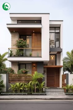 modern house design with balcony and balconies on the second floor, surrounded by palm trees