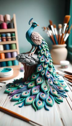 a peacock statue sitting on top of a wooden table next to paintbrushes and other crafting supplies