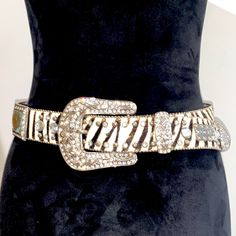 Euc Gorgeous Zebra Print Cowhide Western Belt With Huge Silver Buckle, Embellished With Crystal Rhinestone Bling Anc One Xl Crystal In Back. Please See Photos For Additional Detailed Information And Comment Below With Any Questions. Size Small Fits Waist 28-32 Silver Bedazzled Jewelry For Evening, Luxury Silver Embellished Jewelry, Luxury Embellished Silver Jewelry, Silver Rhinestone Jewelry For Night Out, Western Belt, Western Belts, Crystal Embellishment, Zebra Print, Crystal Rhinestone