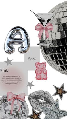 an assortment of pink and silver objects including balloons, stars, and other items that are in the shape of letters