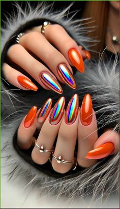 nail art Nail Art Orange, Ghost Nails, Tropical Nails, Summer Nails Colors, Holographic Nails, Hot Nails, Halloween Spirit, Fancy Nails