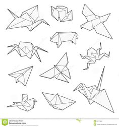 the origami birds are drawn in black and white