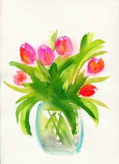 a watercolor painting of pink and red tulips in a vase with green leaves