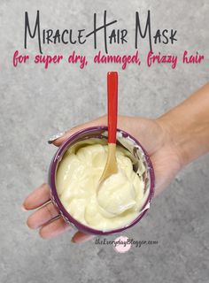 Miracle DIY hair mask for dry hairEach ingredient improves the health of your hairwhile also moisturizingreducing frizziness and making it look smoothshiny and beautiful. Best Diy Hair Mask, Hair Masks For Dry Damaged Hair, Damaged Hair Diy, Damaged Curly Hair, Overnight Hair Mask, Homemade Hair Treatments, Hair Mask Recipe, Diy Hair Mask For Dry Hair, Homemade Hair Mask