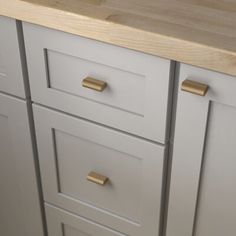 a kitchen with white cabinets and wood counter tops