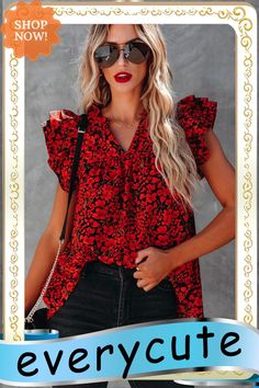 Red Floral Print Tiered Flutter Sleeve V Neck Top Chic Red Flutter Sleeve Top, Red Flutter Sleeve Tops For Spring, Red Flutter Sleeve Blouse For Summer, Red Ruffled Blouse For Vacation, Vacation Ruffle Red Blouse, Trendy Red Ruffled Blouse, Red Ruffle Sleeve Tops For Spring, Red Ruffle Sleeve Summer Tops, Red Flowy Short Sleeve Blouse