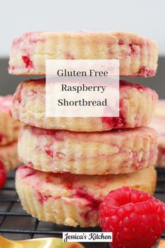 three raspberry shortbreads stacked on top of each other with the words gluten free raspberry shortbread