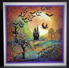 a painting of a castle with bats flying over it