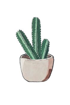 a cactus in a pot with watercolor paint on the bottom and green plants inside