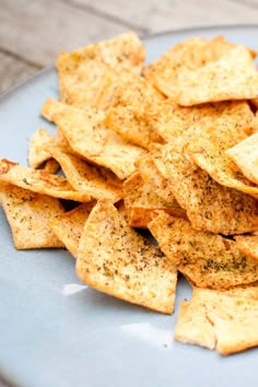 a plate full of tortilla chips with seasoning on top