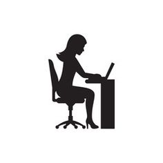 a woman sitting at a desk with a laptop computer in front of her, and the silhouette of a person working on a chair