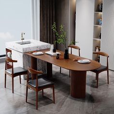 a dining room table with chairs around it