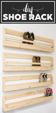 wooden wall mounted shoe rack with with shoes Diy Wooden Shoe Rack, Rak Sepatu Diy, Shoe Rack Diy, Shoe Rack Wall, Wall Shoe Storage, Wooden Shoe Rack, Diy Shoe Storage, Diy Shoe Rack, Wooden Shoe Racks