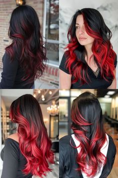 Black Hair Ideas With Color, Hair Color Ideas 2 Colors, Vivid Hair Color With Black, Red Ombre Hair With Bangs, Dark Hair Color Ideas For Long Hair, Red Hair Styles Hairstyles, Red And Black Hair Color Ideas, Red Black Hair Color, Hair Trends 2024 Color