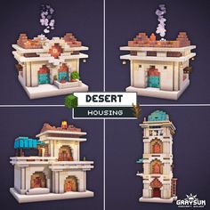 four different views of a house made out of lego blocks and paper machs with the words desert housing on it