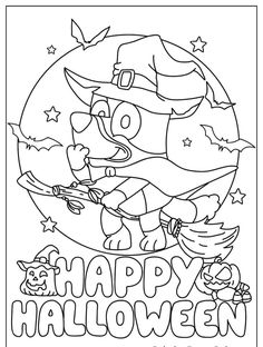 the happy halloween coloring page with an image of a witch and her cat on it