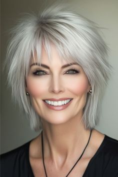 Wispy Shaggy Cut Hairstyle on a smiling woman in her 50s with short spiky gray hair. Medium Length Gray Hair Over 50, Messy Lob Haircut, Short Gray Hair Over 50, Short Gray Hairstyles, Gray Hairstyles For Women, Gray Hair Over 50, Hair Movement, Gray Hairstyles, Curl Mousse