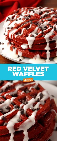 red velvet waffles with chocolate chips and cream drizzled on top