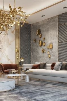 an elegant living room with marble walls and gold accents