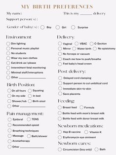 a printable birth checklist with the words, my birth preferences and baby names