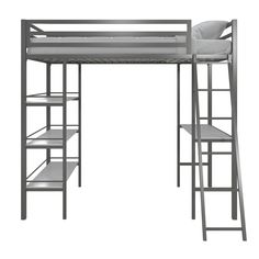 a metal bunk bed with a ladder next to it and a white pillow on top