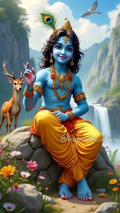 the avatar of lord rama is sitting on a rock in front of a waterfall and deer