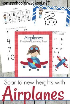 an airplane themed preschool learning pack with the text, soar to new heights with airplanes