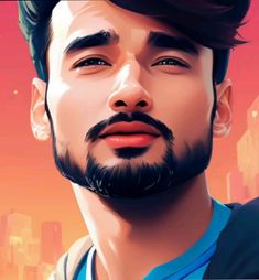 a digital painting of a man with a beard and blue shirt in front of a cityscape