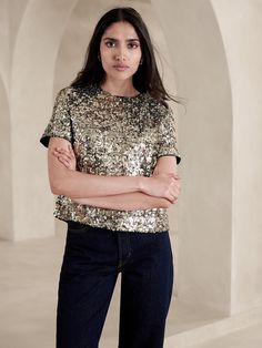 Alina Sequin Top | Banana Republic Luxury Evening Blouse With Sequins, Luxury Glamorous Blouse Piece With Sequins, Cheap Cotton Sequined T-shirt, Cheap Formal Sequin Tops, Affordable Cotton Sequin Tops, Luxury Elegant Blouse With Sequins, Luxury Women's Tops With Contrast Sequin, Sequin Top Lulus, Luxury Glamorous Sequined Blouse Piece