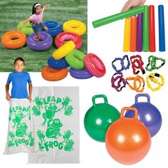 an assortment of toys and supplies for children to play with inflatable balls, rings, t - shirts