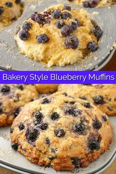 baked blueberry muffins on a baking sheet and in a muffin tin