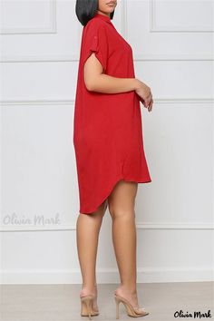 Olivia Mark - Womens Elegant Red Patchwork V-Neck Short Sleeve Dress with Solid Design Red Knee-length V-neck Dress For Summer, Red Knee-length V-neck Summer Dress, Red Short Sleeve V-neck Dress, Red Short Sleeve V-neck Dress For Spring, Red Shift V-neck Dress, Red Shift Dress With V-neck, Casual Red V-neck Dress For Spring, Red V-neck Mini Dress, Orange Casual Dress