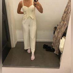 Vintage 80s Jumpsuit For Wedding Event Or Formal Event With Shoulder Padded Cropped Matching Blazer Jumpsuit For Wedding, Corset Jumpsuit, 80s Jumpsuit, Wedding Jumpsuit, White Corset, Heart Button, Ivory White, Wedding Event, Formal Event