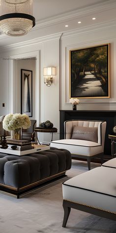 a living room filled with furniture and a painting on the wall above it's fireplace