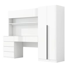 an image of a white desk with drawers and cupboards on the top shelf, isolated against a white background