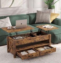 With this versatile lift-top table, you don’t need to lean forward so hard in order to use your laptop, write or dine on the table while relaxing on the couch. The hidden storage compartment beneath the top is designed to store your often-used items like laptops, chess, remote controllers, game controllers, and such under the top when not in use, keeping them handy and dirt-free. Color: Walnut | Loon Peak® Dextyn Top Lift Coffee Table w / 2 Drawe Home Coffee Corner, Table With Hidden Storage, Coffee Table With Hidden Storage, Lift Coffee Table, Split Top, Hidden Compartments, Lift Top Coffee Table, Grey Furniture, Contemporary Coffee Table