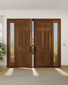 two wooden doors open in front of a white wall and potted plant on the floor