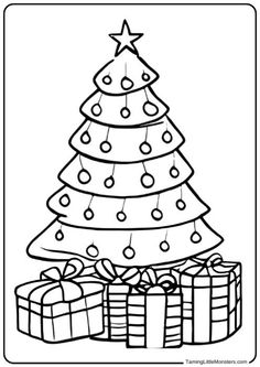 Free printable Christmas themed coloring pages for kids. Free Coloring page featuring a Xmas tree and presents. Christmas Tree Coloring, Printable Christmas Tree