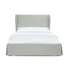 a bed with white sheets and pillows on it's headboard, against a white background