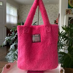 Justice Hot Pink Fuzzy Furry And Soft Tote Bag. Justice Logo On Pink Plaid Emblem - Justice - Live Justice - Love Justice. Clean - Never Used Like New Condition. Approximately 15”X15” Strap Drop 7”. Book Bag - Storage Bag - Travel Bag - Everyday - School Bag Bookbag Storage, Justice Logo, Justice Accessories, Book Bag, Pink Plaid, Bag Travel, School Bag, Storage Bag, Kids Accessories