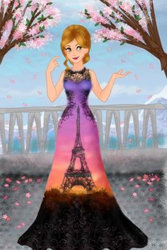 a woman in a long dress standing next to the eiffel tower with pink flowers