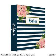 a blue and white striped binder with pink flowers