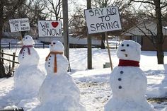 several snowmen are standing in the snow with signs saying say no to spring on them