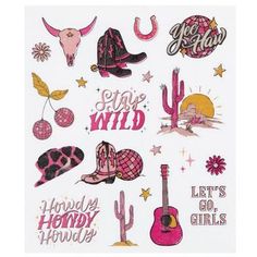 an assortment of stickers that say, let's go girls and cowboy boots