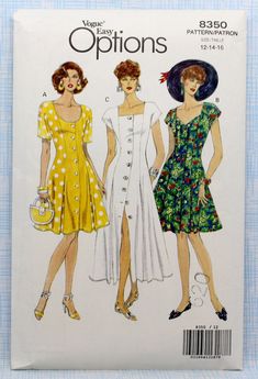 two women's dresses and one woman's dress sewing pattern