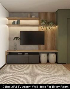 the tv is mounted on the wall above the entertainment center in this modern living room