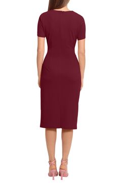 Ruched at the waist, a solid midi sheath dress is a refined style to dress up or down easily and is crafted from a stretch-knit for essential flexibility. 44" length (size 8) Back zip closure Round neck Short sleeves Machine wash, dry flat Imported Model stats: 5'10" height, 32" bust, 25" waist, 36" hip. Model is wearing size 8 Sheath Dress Midi, Short Sleeve Midi Dress, Maggy London, Midi Sheath Dress, Midi Short Sleeve Dress, Refined Style, Sleeve Midi Dress, Sheath Dress, Nordstrom Rack